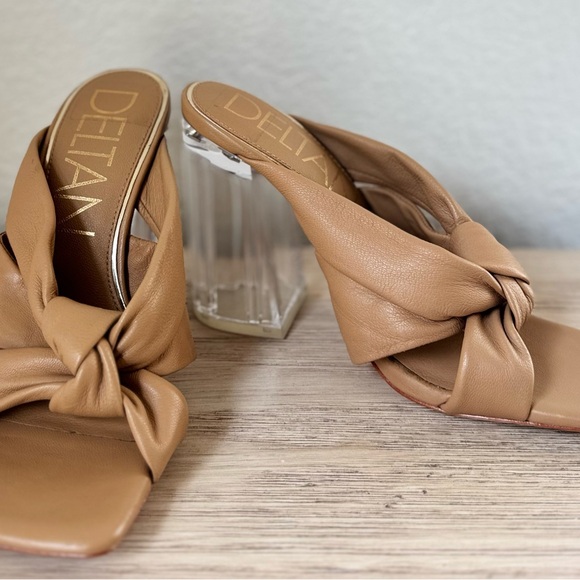 Deltan Kira Puffy Leather Square Toe Sandals Tan Knotted Heels . Size 5.5 - Picture 4 of 8